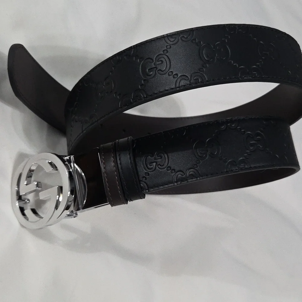 Gucci Reversible Black Brown Leather Belt with Silver Double G Buckle 34/36